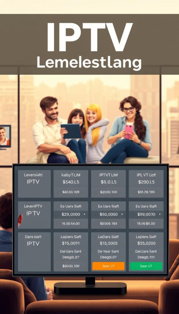 A detailed, high-quality digital illustration showcasing a selection of IPTV lebenslang (lifetime) pricing options. The foreground features a sleek, modern interface displaying various subscription plans and their corresponding costs, with a clean and minimalist aesthetic. The middle ground depicts a group of satisfied customers enjoying an array of IPTV content on their devices, conveying the value proposition. The background is a soft, blurred cityscape, hinting at the global reach and accessibility of the IPTVANBIETERTV service. The lighting is warm and inviting, creating a sense of trust and reliability. The composition is balanced and visually appealing, highlighting the key pricing details while maintaining an overall cohesive and professional look.