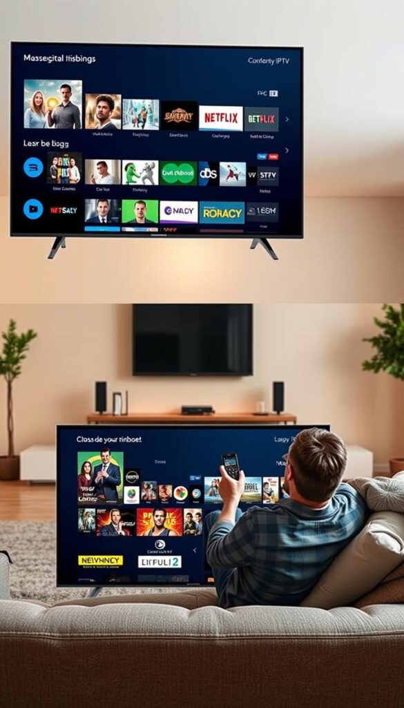 A detailed, high-quality image depicting a lifelong IPTV subscription from IPTVANBIETERTV. The foreground shows a sleek, modern smart TV with a clear, crisp display showcasing a diverse range of live TV channels and on-demand content. In the middle ground, a person is comfortably lounging on a plush sofa, remote in hand, enjoying the seamless streaming experience across multiple devices. The background features a cozy, minimalist living room with warm lighting and clean, elegant decor, conveying a sense of relaxation and entertainment. The overall mood is one of convenience, affordability, and the ability to access a vast library of content for years to come.
