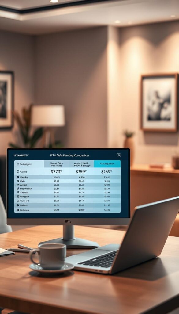 A detailed, high-quality image of a IPTV price comparison and plan comparison display, showcasing the attractive pricing and package details of IPTVANBIETERTV. The scene is set in a warm, modern office environment with clean lines and neutral tones. In the foreground, a sleek, minimalist monitor displays a side-by-side comparison of IPTV plans and pricing, with clear icons and infographics. The middle ground features a stylish desk setup with a laptop, notepad, and coffee mug, creating a professional, business-focused atmosphere. The background is softly blurred, revealing a tasteful, contemporary office interior with subtle lighting and framed artwork on the walls. The overall composition conveys a sense of clarity, attention to detail, and the value proposition of IPTVANBIETERTV's offerings.
