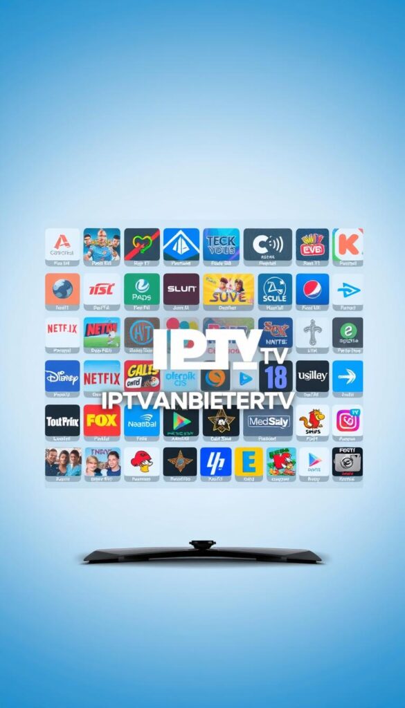 A detailed, high-quality image of a vibrant IPTV channel selection interface. The sleek, modern UI features a large, central grid displaying numerous premium channel logos and thumbnails, accompanied by channel names and descriptions. The layout is balanced and visually appealing, with clean lines and a minimalist aesthetic. The background is a soft, muted gradient, allowing the channel content to be the focal point. Prominent in the center is the IPTVANBIETERTV brand logo, rendered in a bold, eye-catching font. The overall scene conveys a sense of comprehensive entertainment options and a premium IPTV viewing experience.