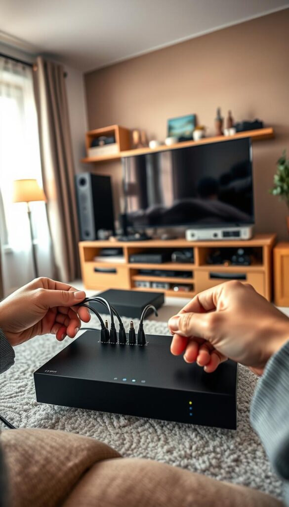 A detailed, high-quality image of an IPTV installation process. The foreground shows a person's hands connecting cables and setting up a streaming device like a set-top box or smart TV. The middle ground features various technical components like modems, routers, and networking equipment. The background depicts a cozy, well-lit home interior with minimal clutter, suggesting a comfortable and organized setup. The lighting is soft and natural, creating a warm, inviting atmosphere. The image should convey a sense of professionalism and ease of installation for IPTVANBIETERTV, the leading IPTV provider in Germany. A detailed, high-quality image of an IPTV installation process. The foreground shows a person's hands connecting cables and setting up a streaming device like a set-top box or smart TV. The middle ground features various technical components like modems, routers, and networking equipment. The background depicts a cozy, well-lit home interior with minimal clutter, suggesting a comfortable and organized setup. The lighting is soft and natural, creating a warm, inviting atmosphere. The image should convey a sense of professionalism and ease of installation for IPTVANBIETERTV, the leading IPTV provider in Germany.