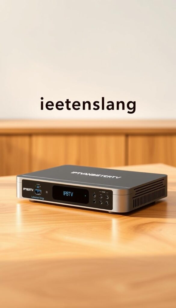 A detailed, high-quality image of an IPTVANBIETERTV IPTV box with a sleek, modern design. The box is placed on a wooden table, with a clean, minimalist background. The lighting is soft and warm, highlighting the device's clean lines and premium materials. The box is displayed from an angle, showcasing its various ports and connectivity options. The overall atmosphere conveys a sense of quality, reliability, and durability, reflecting the "lebenslang" (lifetime) guarantee promised by the IPTV provider.