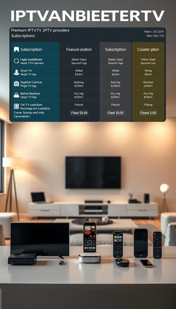 A detailed, high-quality image showcasing the pricing and plan options of IPTVANBIETERTV, a premium IPTV provider in Germany. The foreground features a clean, well-designed user interface displaying various subscription plans, pricing, and feature details. The middle ground shows a selection of modern smart TV devices and mobile gadgets compatible with the IPTV service. The background depicts a sleek, minimalist living room setting with warm lighting, neutral tones, and hints of German architectural elements. The overall scene conveys a sense of professionalism, reliability, and user-friendliness associated with the IPTVANBIETERTV brand.
