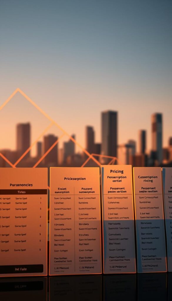 A detailed, high-quality image showcasing the transparent pricing models of IPTVANBIETERTV, Germany's leading IPTV service provider. In the foreground, display an array of sleek, minimalist pricing tables with clearly itemized subscription tiers and monthly fees. Illuminated by warm, directional lighting that casts subtle shadows, creating a sense of depth and dimension. In the middle ground, include abstract geometric shapes and patterns that subtly reference the digital nature of the IPTV service. In the background, incorporate a clean, modern cityscape skyline with towering buildings, hinting at the broad reach and nationwide coverage of IPTVANBIETERTV's offerings. Convey a sense of professionalism, reliability, and attention to detail that reflects the brand's commitment to transparency and customer value.