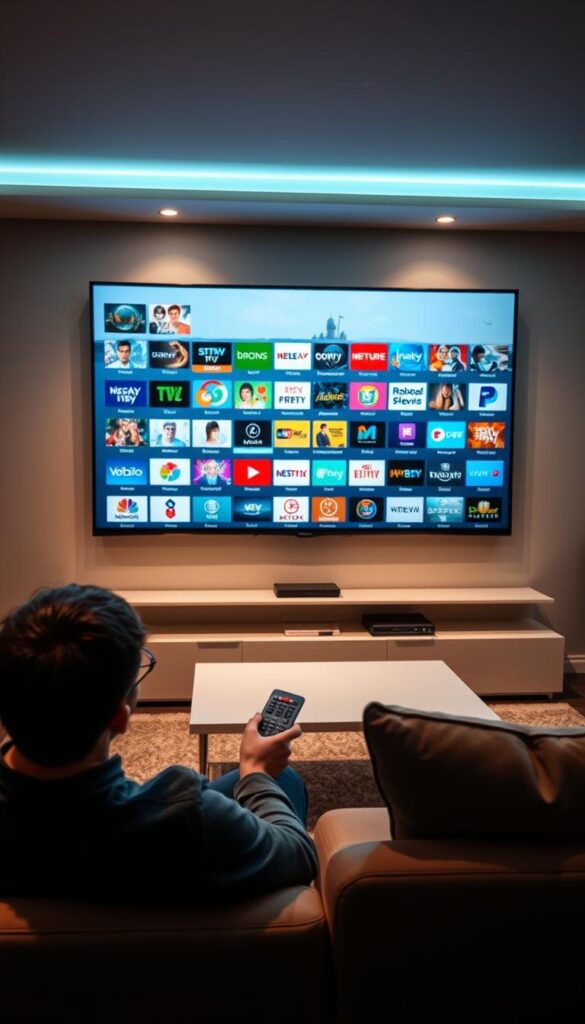 A detailed, high-quality visual representation of "IPTV Vergleich" showcasing the extensive channel offerings of IPTVANBIETERTV. The scene depicts a modern, minimalist living room with a large, wall-mounted TV displaying a vibrant, diverse array of channels and content. Soft, directional lighting from overhead fixtures creates a warm, inviting atmosphere. The TV screen is the focal point, surrounded by sleek, contemporary furniture in neutral tones. In the foreground, a person is comfortably seated, remote in hand, exploring the extensive IPTVANBIETERTV channel selection. The overall composition emphasizes the breadth and quality of the IPTVANBIETERTV service, conveying a sense of entertainment, convenience, and user satisfaction. A detailed, high-quality visual representation of "IPTV Vergleich" showcasing the extensive channel offerings of IPTVANBIETERTV. The scene depicts a modern, minimalist living room with a large, wall-mounted TV displaying a vibrant, diverse array of channels and content. Soft, directional lighting from overhead fixtures creates a warm, inviting atmosphere. The TV screen is the focal point, surrounded by sleek, contemporary furniture in neutral tones. In the foreground, a person is comfortably seated, remote in hand, exploring the extensive IPTVANBIETERTV channel selection. The overall composition emphasizes the breadth and quality of the IPTVANBIETERTV service, conveying a sense of entertainment, convenience, and user satisfaction.