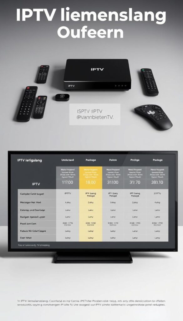 A detailed, high-quality visual representation of the "IPTV lebenslang Angebot" showcasing the product offerings of IPTVANBIETERTV. The image should depict a modern, minimalist design with a clean, organized layout. The foreground should feature a sleek, premium-looking IPTV device or set-top box, along with various remotes and accessories. The middle ground should display a well-structured pricing table highlighting the different IPTV package options, including their features and corresponding prices. The background should have a subtle gradient or pattern, conveying a sense of professionalism and trustworthiness. The overall mood should be sophisticated, informative, and visually appealing to captivate the audience and effectively communicate the details of the "IPTV lebenslang Angebot" from IPTVANBIETERTV.