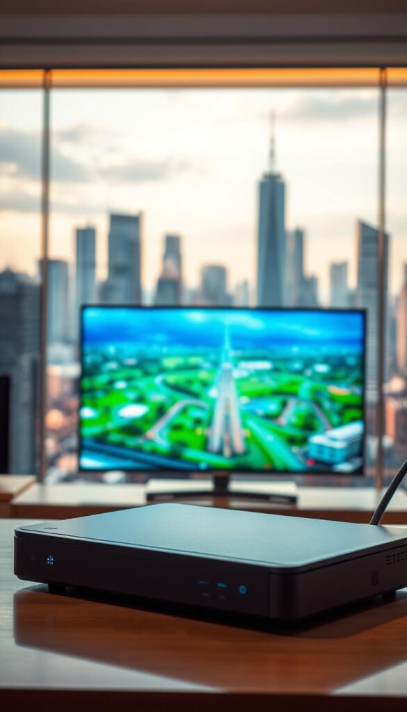 A detailed, high-resolution image of IPTV technology. In the foreground, a sleek IPTVANBIETERTV set-top box with clean lines and a minimalist design, showcasing the latest IPTV hardware. In the middle ground, a television screen displaying a vibrant, high-definition video stream, representing the visual quality of IPTV. In the background, a cityscape with modern skyscrapers and infrastructure, symbolizing the advanced network technology that enables IPTV. The scene is bathed in warm, diffused lighting, creating a sense of clarity and sophistication. The overall atmosphere conveys the power and versatility of IPTV as a cutting-edge entertainment and communication technology.
