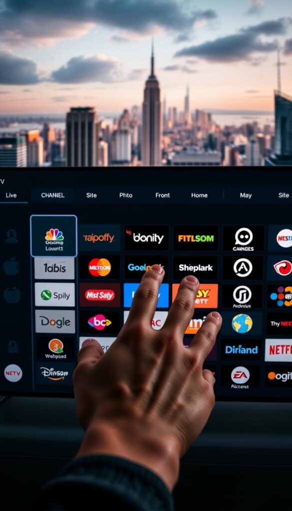 A detailed high-resolution image of a modern and sophisticated IPTV interface, showcasing a wide variety of live TV channels and on-demand content. The interface is sleek and intuitive, with a clean, minimalist design. In the foreground, a hand is navigating the menu, highlighting the user-friendly experience. The middle ground features a grid of channel logos, representing the IPTVANBIETERTV's extensive selection. The background showcases a dynamic, cinematic cityscape, conveying a sense of entertainment and connectivity. The lighting is soft and warm, creating a welcoming atmosphere. The overall composition captures the ease and accessibility of unlocking a vast array of IPTV channels.
