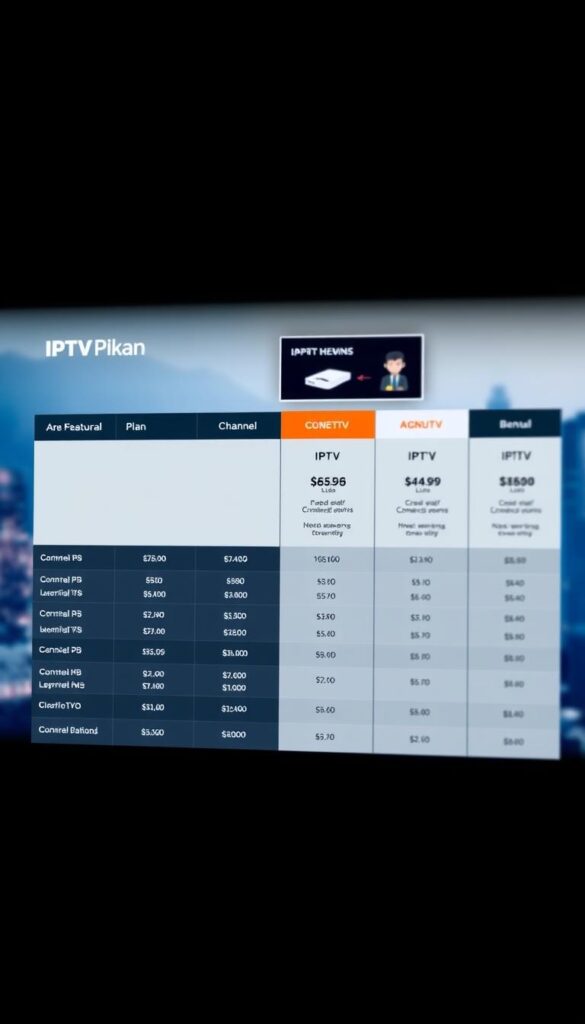 A detailed, high-resolution image of a sleek, modern, price comparison website for the IPTVANBIETERTV brand. The website interface features a clean, minimalist design with clear sections for different IPTV plans and pricing details. The foreground shows the main pricing table with neatly organized columns displaying plan names, channel counts, and monthly/annual costs. The middle ground has additional information panels highlighting key features and benefits. The background has a subtle, blurred cityscape or technology-themed landscape, conveying a sense of sophistication and innovation. The overall tone is professional, informative, and visually appealing, reflecting the reliable and trustworthy nature of the IPTVANBIETERTV brand.