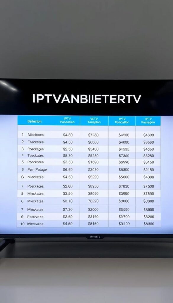 A detailed, high-resolution image of an IPTV price overview table, featuring a sleek and modern design. The table is set against a clean, minimalist background with soft lighting, creating a professional and visually appealing look. The table prominently displays the brand name "IPTVANBIETERTV" in a bold, prominent font. The prices are clearly organized and easy to read, showcasing a range of transparent and fair pricing options for various IPTV packages and subscription plans. The overall composition and attention to detail convey a sense of trustworthiness and reliability, perfectly aligning with the article's subject and section title.