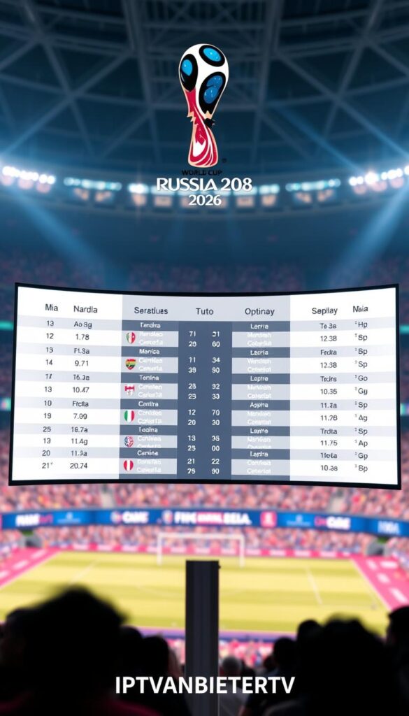 A detailed, high-resolution image of the FIFA World Cup 2026 match schedule, with a clean, minimalist design. The schedule is displayed on a large, curved display screen, positioned prominently in the center of the frame. The screen is backlit, creating a soft, warm glow that illuminates the schedule information. The background features a blurred, out-of-focus stadium scene, hinting at the grand scale of the event. The overall atmosphere is one of anticipation and excitement, perfectly capturing the spirit of the FIFA World Cup 2026. The IPTVANBIETERTV brand is subtly integrated into the design, adding a touch of professionalism and authority to the image.