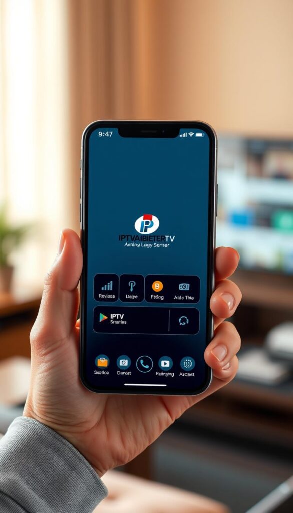 A detailed, high-resolution, photorealistic image of the IPTV Smarters App interface. The app is displayed on a modern, sleek smartphone device with a large, vibrant touchscreen. The smartphone is held in a person's hand, showcasing the app's intuitive layout and navigation. The app features a clean, minimalist design with a prominent IPTVANBIETERTV logo, crisp iconography, and a refined, user-friendly interface. The scene is well-lit, with soft, warm lighting that creates a comfortable, inviting atmosphere. The background is slightly blurred, placing the focus on the app and the device. The overall tone is one of professionalism, quality, and ease of use, reflecting the long-term value of the IPTV service.