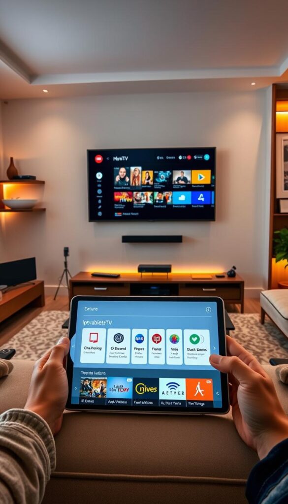A detailed interior scene of a modern living room showcasing the additional features and services offered by IPTVANBIETERTV. The room is well-lit with warm, ambient lighting, and the walls are adorned with sleek, minimalist shelving and framed artwork. In the center, a large, high-resolution smart TV stands prominently, surrounded by various input devices and remote controls. On the coffee table, a tablet or smartphone displays the intuitive IPTVANBIETERTV user interface, highlighting the extensive channel selection, on-demand content, and personalized recommendations. The overall atmosphere is one of comfort, technology, and the seamless integration of entertainment and smart home capabilities. A detailed interior scene of a modern living room showcasing the additional features and services offered by IPTVANBIETERTV. The room is well-lit with warm, ambient lighting, and the walls are adorned with sleek, minimalist shelving and framed artwork. In the center, a large, high-resolution smart TV stands prominently, surrounded by various input devices and remote controls. On the coffee table, a tablet or smartphone displays the intuitive IPTVANBIETERTV user interface, highlighting the extensive channel selection, on-demand content, and personalized recommendations. The overall atmosphere is one of comfort, technology, and the seamless integration of entertainment and smart home capabilities.
