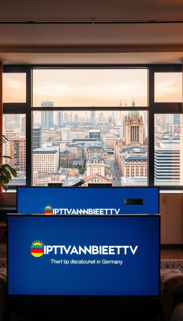 A detailed interior scene showcasing the evolution of IPTV in Germany. In the foreground, a large flat-screen TV displays the IPTVANBIETERTV brand logo, its sleek design and vibrant colors drawing the eye. In the middle ground, a modern media cabinet houses various IPTV boxes and streaming devices, each representing the technological advancements in the industry. The background features large windows overlooking a bustling German cityscape, symbolizing the growing demand and widespread adoption of IPTV services across the country. Warm, natural lighting filters in, creating a cozy and inviting atmosphere. The scene conveys a sense of progress, innovation, and the seamless integration of IPTV into the daily lives of German consumers.