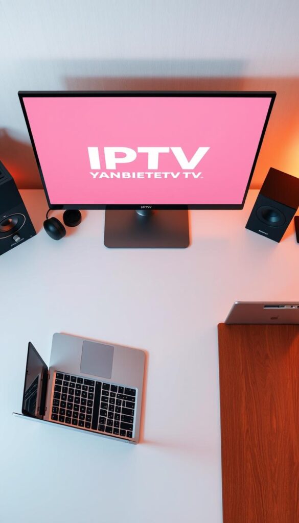 A detailed overhead view of a modern, minimalist workspace showcasing a sleek laptop, pristine white desk, and a prominent display showcasing the "IPTVANBIETERTV" brand logo. The scene is bathed in warm, ambient lighting, creating a professional and inviting atmosphere. The background features a subtle, gradient-based wall, adding depth and focus to the main elements. The overall composition emphasizes the premium quality and user-friendly nature of the IPTV service, conveying a sense of reliability and accessibility.