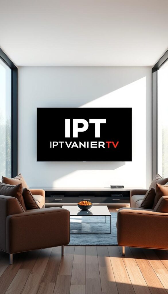 A detailed, photorealistic image of a modern living room with a large flatscreen TV displaying the IPTVANBIETERTV logo. The room is well-lit, with natural light streaming in through large windows. The TV is mounted on a sleek, minimalist entertainment center, surrounded by comfortable sofas and armchairs. The overall atmosphere is one of relaxation and entertainment, reflecting the legal aspects of IPTV streaming in Germany. The image conveys a sense of high-quality, premium viewing experience.