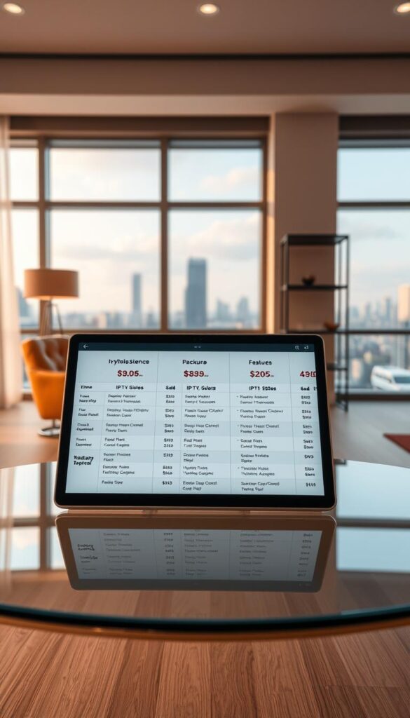 A detailed, photorealistic image of the IPTVANBIETERTV pricing structure and package offerings. Set in a clean, modern interior with soft, warm lighting. In the foreground, an elegant glass table displays a tablet showcasing the various IPTV subscription plans, each with clear pricing, channel lineups, and feature descriptions. In the middle ground, a stylish leather chair and minimalist shelving unit create a comfortable, professional atmosphere. The background features large windows overlooking a picturesque cityscape, reinforcing the brand's transparency and reliability. The overall scene conveys a sense of trust, accessibility, and premium quality associated with the IPTVANBIETERTV service.