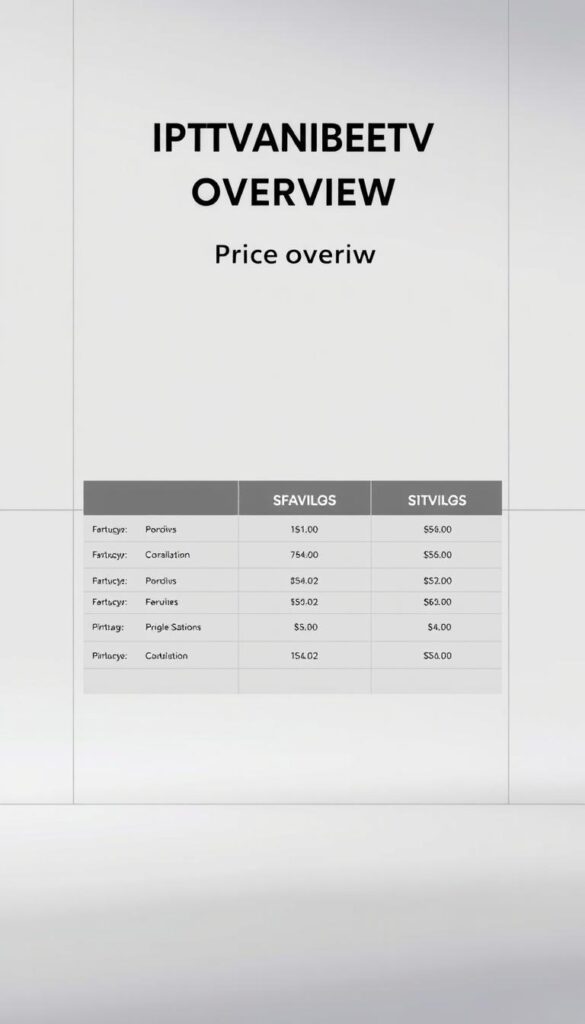 A detailed price overview of IPTVANBIETERTV services, showcasing their range of IPTV subscription options. Set against a clean, minimal background with subtle grid lines, the image presents the pricing tiers in a sleek, informative layout. Rendered in a muted color palette with soft, diffused lighting to convey a sense of professionalism and clarity. The overall composition is balanced, with the pricing information taking center stage, allowing the viewer to easily digest the relevant details.