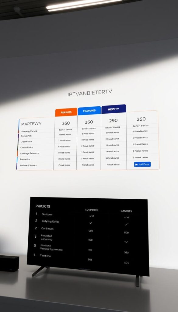 A detailed, product-focused image of the "IPTVANBIETERTV" pricing overview. Set in a modern, minimalist style with a clean, professional layout. Prominent display of various IPTVANBIETERTV subscription plan options, clearly showing the price points, features, and device compatibility. The image should have a soft, natural lighting and a slightly elevated camera angle to create a sense of authority and trustworthiness. The color palette should be muted yet elegant, with a focus on legibility and visual hierarchy to make the pricing information easy to comprehend at a glance. The overall mood should convey reliability, value, and a premium IPTV service offering.