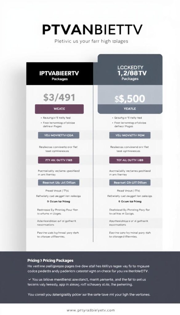 A detailed, sleek, and modern-looking pricing table showcasing the various IPTVANBIETERTV packages and pricing options. The table is set against a minimalist, clean background with a soft, neutral color palette. The package names, monthly/yearly costs, and feature highlights are presented in a clear, organized manner, emphasizing the flexibility and value proposition. The overall tone is professional, informative, and designed to appeal to a tech-savvy audience interested in cutting-edge IPTV solutions. The image should convey a sense of quality, reliability, and customer-centric pricing.
