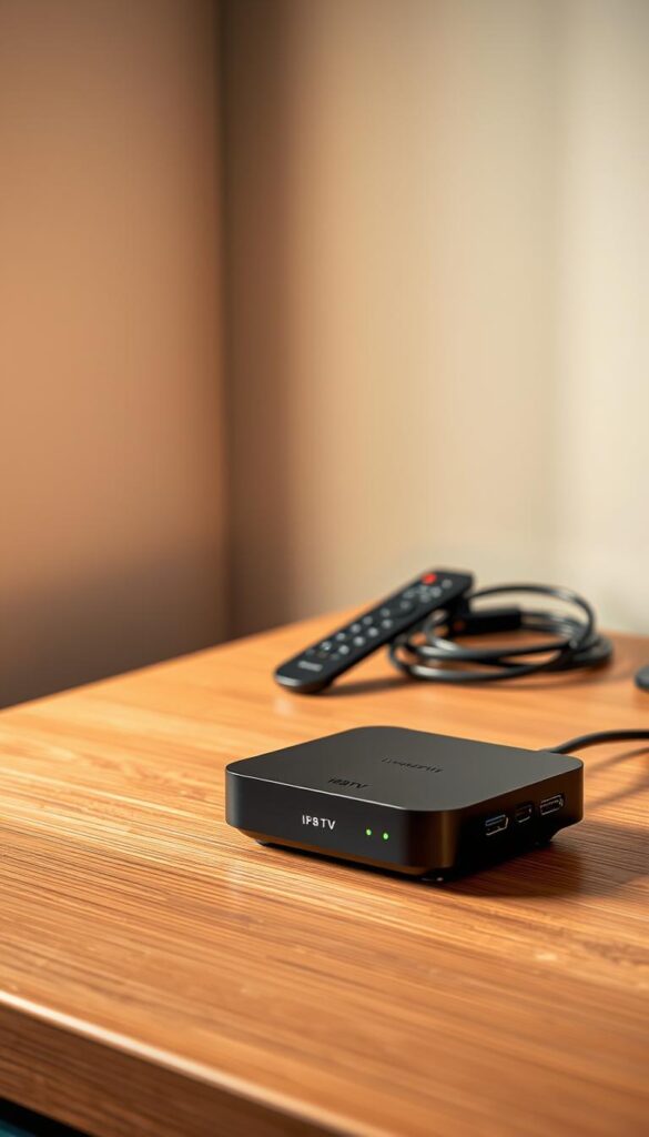 A detailed still life image showcasing the "lebenslange IPTV-Paket" from IPTVANBIETERTV. In the foreground, a sleek, modern streaming device sits atop a wooden surface, its LED indicator lights softly glowing. In the middle ground, a remote control and neatly coiled HDMI cable complement the scene. The background features a minimalist, monochromatic wall, creating a clean, sophisticated atmosphere. Warm, diffused lighting casts subtle shadows, highlighting the premium quality and versatility of the IPTVANBIETERTV "lebenslange IPTV-Paket". The overall composition conveys a sense of simplicity, reliability, and the enduring value of this comprehensive IPTV subscription service.