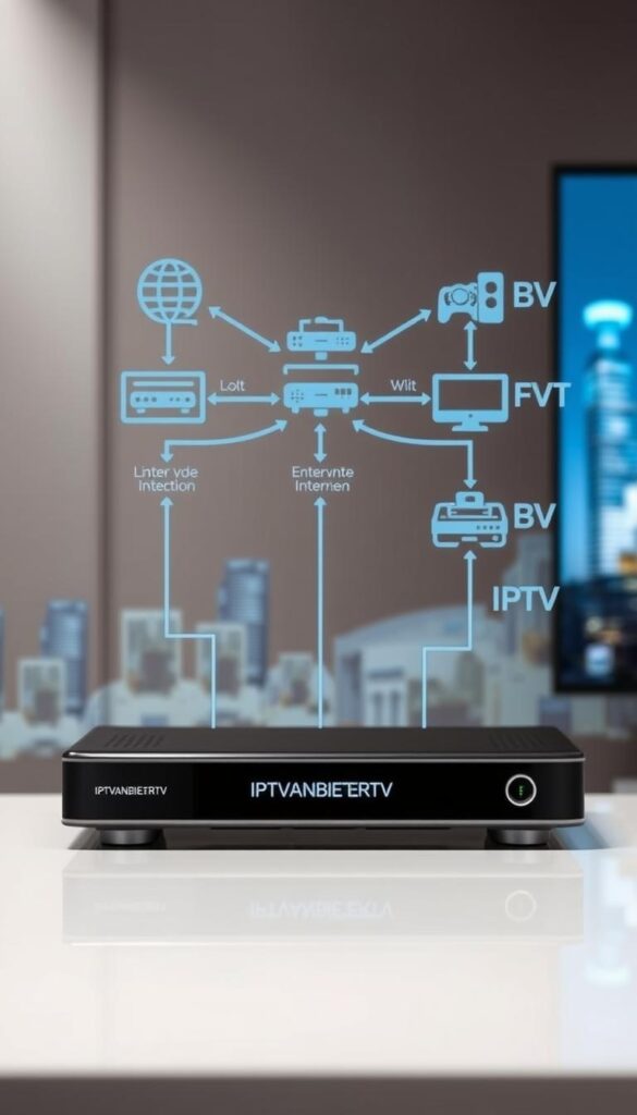 A detailed technical diagram depicting the inner workings of an IPTV system. In the foreground, a sleek, modern digital set-top box with the IPTVANBIETERTV brand prominently displayed. In the middle ground, a network diagram showing the flow of digital video and audio signals from the IPTV provider's servers, through the internet and local network, and into the set-top box. The background features a subtle cityscape, representing the urban environment where IPTV is often utilized. The lighting is clean and bright, with a touch of technical blue tones to evoke a sense of advanced technology. The composition is balanced, with clear labels and diagrams to illustrate the key components and processes of IPTV functionality. A detailed technical diagram depicting the inner workings of an IPTV system. In the foreground, a sleek, modern digital set-top box with the IPTVANBIETERTV brand prominently displayed. In the middle ground, a network diagram showing the flow of digital video and audio signals from the IPTV provider's servers, through the internet and local network, and into the set-top box. The background features a subtle cityscape, representing the urban environment where IPTV is often utilized. The lighting is clean and bright, with a touch of technical blue tones to evoke a sense of advanced technology. The composition is balanced, with clear labels and diagrams to illustrate the key components and processes of IPTV functionality.
