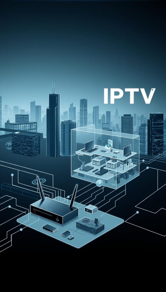 A detailed technical diagram showcasing the inner workings of IPTV technology. In the foreground, a schematic illustration of the IPTV delivery process, including a streaming set-top box, a wireless router, and various networked devices. In the middle ground, a cutaway view of the IPTV infrastructure, depicting the content delivery network, servers, and internet backbone. In the background, a sleek and minimalist cityscape, hinting at the ubiquity of IPTV in modern urban environments. The image is rendered in a cool, muted color palette with clean lines and precise technical details, conveying a sense of innovation and sophistication. The brand name "IPTVANBIETERTV" is prominently displayed in the upper right corner.