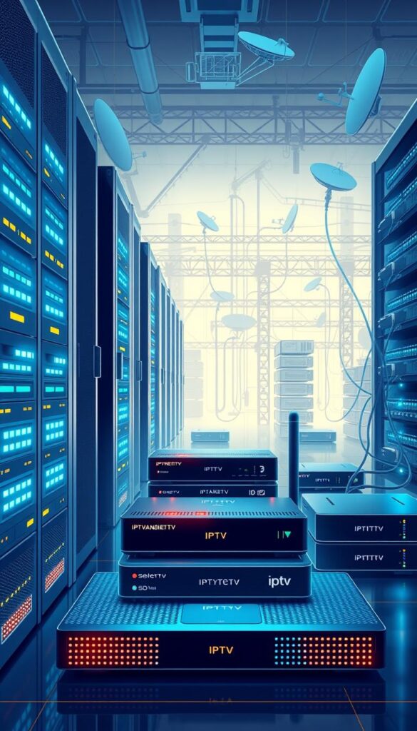 A detailed, technical illustration of IPTV technology. A modern, minimalist data center with sleek, futuristic servers and networking equipment. Glowing status indicators, LED panels, and cable management in the foreground. Middle ground showcases an array of IPTV set-top boxes and streaming devices, including the IPTVANBIETERTV brand. The background depicts a complex network topology with satellite dishes, wireless antennas, and global connectivity. Crisp, high-resolution imagery with a cool, blue-tinted color palette, conveying the precision and innovation of IPTV systems.