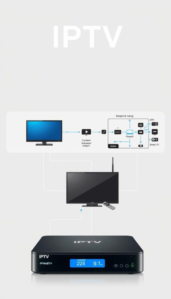 A detailed technical illustration of the IPTV (Internet Protocol Television) system. In the foreground, showcase the key components such as the IPTVANBIETERTV set-top box, remote control, and smart TV. In the middle ground, depict the data flow from the internet service provider to the IPTV platform, highlighting the streaming and content delivery process. In the background, include a schematic diagram visualizing the underlying network infrastructure and protocols. Use a neutral color palette with clean, minimalist design elements to convey a sense of functionality and efficiency. Capture the technical aspects of IPTV in a visually informative and easy-to-understand manner.