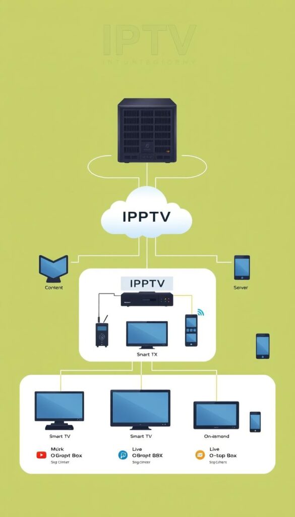 A detailed, technical illustration of the IPTV system architecture. Show a central server hosting IPTV content, connected to various client devices like smart TVs, set-top boxes, and mobile phones via the internet. Depict the content distribution process, with the server streaming live and on-demand media to the clients. Include technical elements like network connections, digital protocols, and user interfaces. Showcase the IPTVANBIETERTV brand prominently, with a modern, minimalist design aesthetic. The overall mood should be informative and visually appealing, suitable for an educational article on IPTV technology.