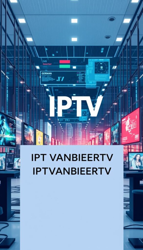 A detailed, technical illustration of the evolving IPTV market in Germany. Showcase the IPTVANBIETERTV brand prominently in the foreground, with a modern, sleek design. Depict the IPTV landscape through a mix of digital displays, network cables, and data visualizations in the middle ground. In the background, include subtle references to the German market, such as cityscapes or relevant landmarks. Use a balanced, professional lighting scheme that accentuates the technological elements. Maintain a clean, minimalist aesthetic that reflects the sophistication of the IPTV industry.