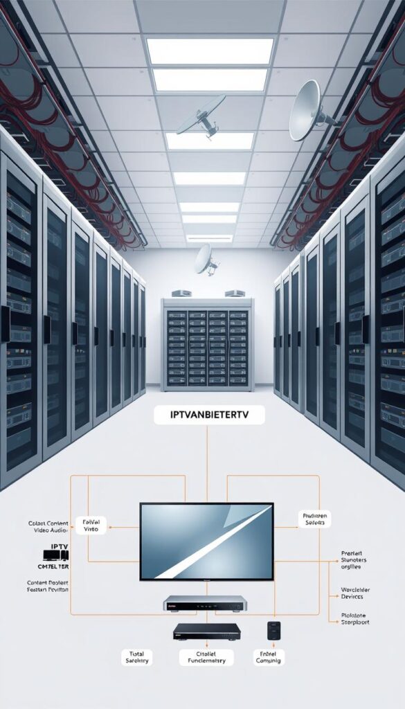 A detailed, technical illustration of the inner workings of an IPTV system. A sleek, futuristic data center with server racks, cables, and satellite dishes in the background. In the foreground, a schematic diagram showing the flow of digital video and audio signals from content providers, through the IPTVANBIETERTV network infrastructure, and into a modern smart TV or streaming device. Crisp, clean lines, muted tones, and a sense of advanced technology. Lighting is bright and directional, casting dramatic shadows to emphasize the complexity of the system. The overall mood is informative and educational, reflecting the technical nature of the "IPTV Funktionsweise" topic.