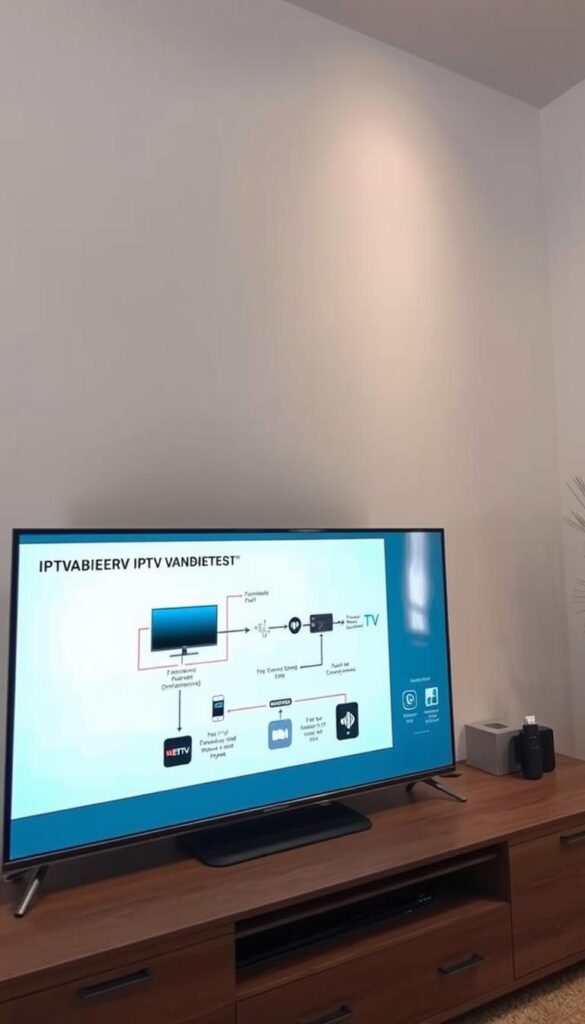 A detailed, technically accurate illustration of the IPTV functionality. The scene depicts a modern, minimalist home entertainment setup with a sleek, high-end Smart TV and a Fire TV Stick device. The TV displays a visually engaging schematic diagram explaining the IPTV transmission process, with clear labels and annotations. The diagram showcases the flow of digital signals from the IPTVANBIETERTV service, through the internet, and onto the Fire TV Stick, ultimately delivering live TV and on-demand content to the viewer. The lighting is bright, evenly distributed, and enhances the technical clarity of the illustration. The camera angle provides a slightly elevated, three-quarter view, allowing the viewer to clearly see the setup and the informative diagram. The overall mood is informative, technically precise, and visually appealing, perfectly suited to illustrate the "What is IPTV and how does it work?" section of the article.