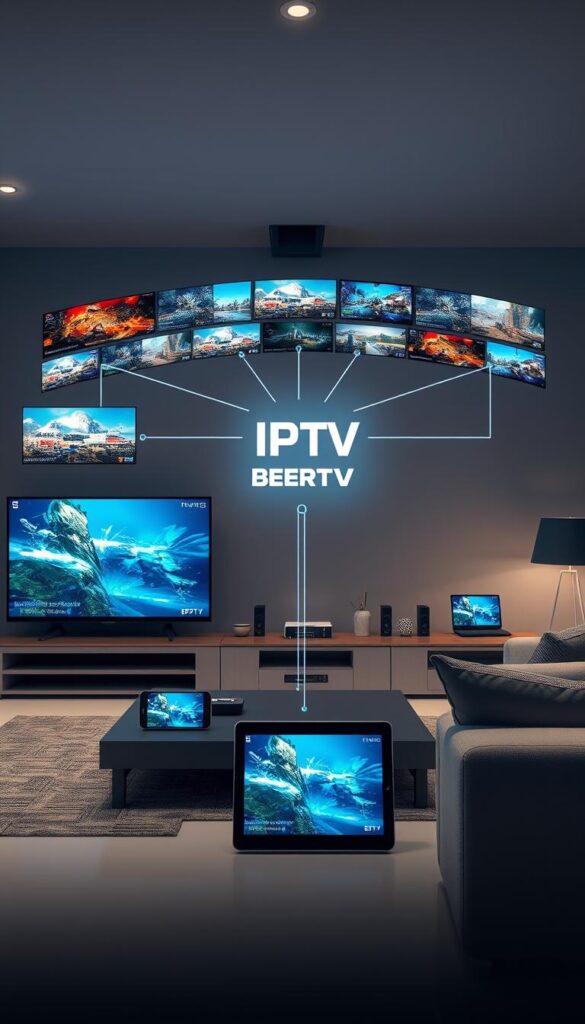 A detailed technological illustration of IPTV-Technologie. Showcase a comprehensive system with a central broadcast server, streaming various high-definition digital television channels to multiple connected devices in a modern home environment. Capture the seamless integration and ease of use, with sleek smart TVs, tablets, and smartphones displaying crisp, vibrant imagery. Incorporate the IPTVANBIETERTV brand prominently in the scene, conveying a sense of premium quality and reliability. Utilize realistic lighting, clean lines, and a subtle futuristic aesthetic to elevate the overall visual appeal and technical sophistication of the IPTV technology.