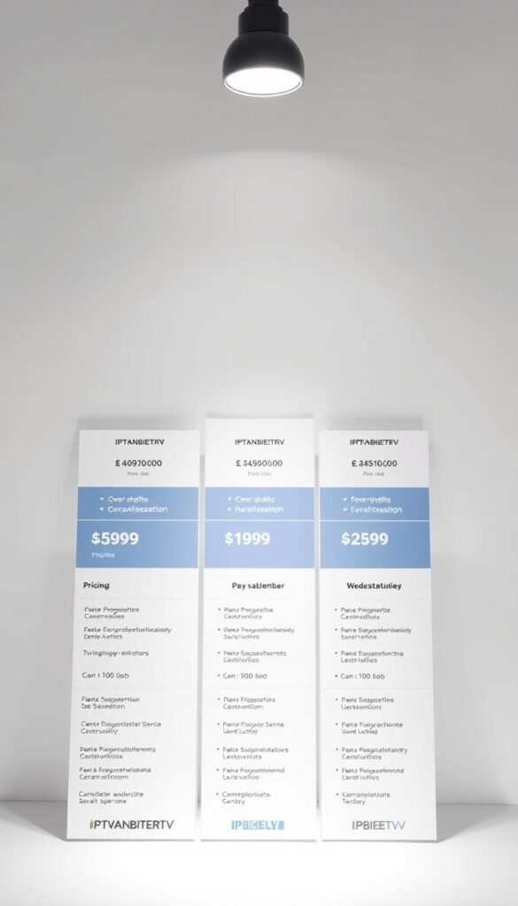 A detailed, transparent pricing structure showcasing the IPTVANBIETERTV subscription models. A clean, minimalist composition featuring meticulously arranged product cards, each highlighting the key features and costs of the different subscription tiers. The cards are presented against a soft, neutral background, allowing the information to take center stage. Subtle lighting from above casts an even, professional glow, accentuating the clarity and simplicity of the design. The overall mood is one of transparency, fairness, and customer-centric value, reflecting the core principles of the IPTVANBIETERTV brand.