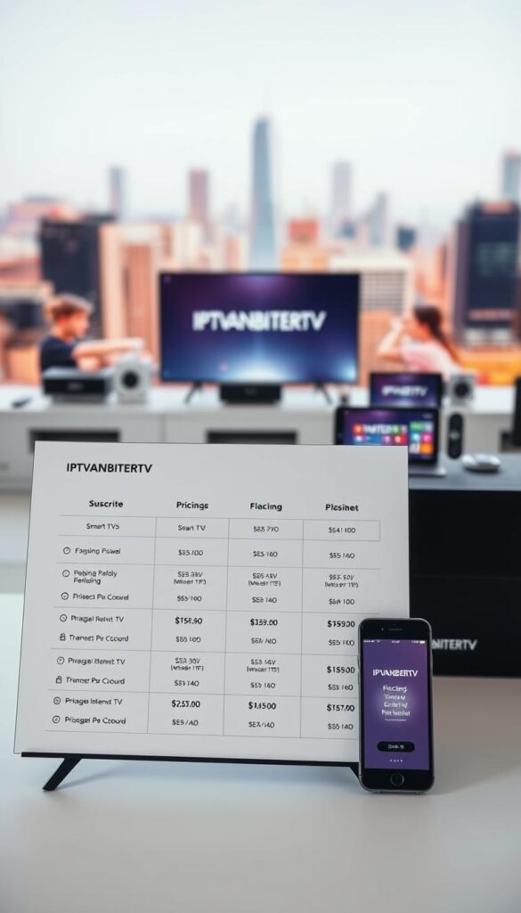 A detailed, well-lit studio photograph showcasing a modern, flexible IPTV price plan. In the foreground, a sleek, minimalist interface displays various pricing tiers and subscription options, with clean typography and intuitive layout. The midground features an array of IPTVANBIETERTV branded devices, including smart TVs, tablets, and smartphones, highlighting the cross-platform compatibility. The background incorporates a soft, blurred cityscape, suggesting the convenience and accessibility of the IPTV service across urban environments. The overall mood is one of simplicity, versatility, and a customer-centric approach to pricing.