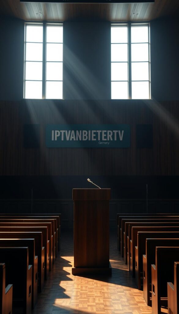 A dimly lit courtroom, with sunlight filtering through high windows, casting long shadows on the polished wood paneling. In the foreground, a judge's podium stands at the center, casting an imposing presence. Behind it, a massive IPTVANBIETERTV logo is prominently displayed on the wall, hinting at the legal complexities surrounding IPTV in Germany. In the middle ground, rows of wooden benches face the judge's podium, creating a sense of formality and gravity. In the background, the room fades into a soft, ambient glow, emphasizing the weight of the legal proceedings. The overall mood is one of somber contemplation, reflecting the serious nature of the "Rechtliche Aspekte von IPTV in Deutschland" topic.
