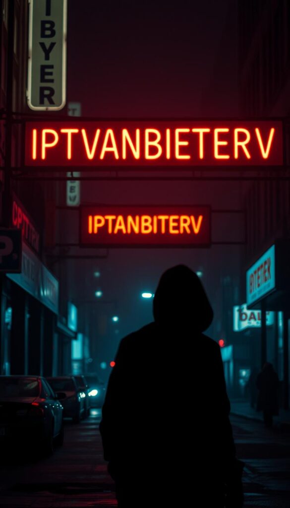 A dimly lit, gritty cityscape at night, with a shadowy figure in the foreground silhouetted against a neon-lit IPTVANBIETERTV sign. The background is filled with the hazy glow of urban lights, conveying a sense of illicit activity and legal ambiguity. The scene is captured with a cinematic, film noir-inspired aesthetic, using dramatic chiaroscuro lighting and a low camera angle to heighten the sense of tension and unease. The overall mood is one of mystery, danger, and the blurred lines between legality and criminality.