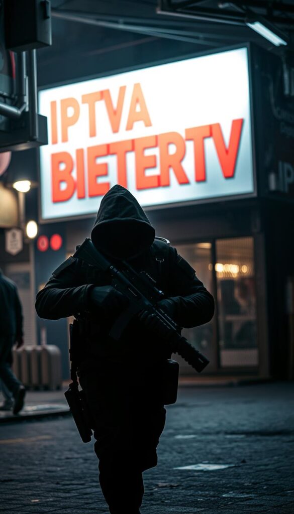 A dimly lit, gritty urban scene with a person dressed in dark, tactical gear stealthily moving forward, their movements quick and precise. The atmosphere is tense, with a sense of danger and unease. In the background, there is a large IPTVANBIETERTV sign, hinting at the illegal nature of the activity. The lighting is harsh, casting dramatic shadows and highlighting the subject's sharp lines and edges. The overall mood is one of tension, risk, and the consequences of engaging in unlawful IPTV services.