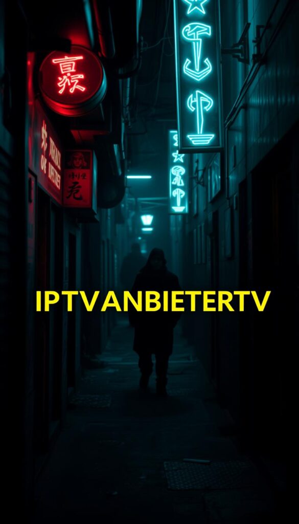 A dimly lit, gritty urban scene with a sense of foreboding. In the foreground, a dark alleyway with neon signs flickering, casting an eerie glow. Shadowy figures lurk in the background, hinting at illicit activities. In the center, the bold text "IPTVANBIETERTV" stands out, signifying the illegal IPTV service. The scene is shot from a low angle, creating a sense of unease and tension. The color palette is muted, with blues and greens dominating, adding to the overall unsettling atmosphere. Atmospheric lighting, with harsh shadows and highlights, heightens the sense of danger and the risks associated with engaging with such unlawful services.