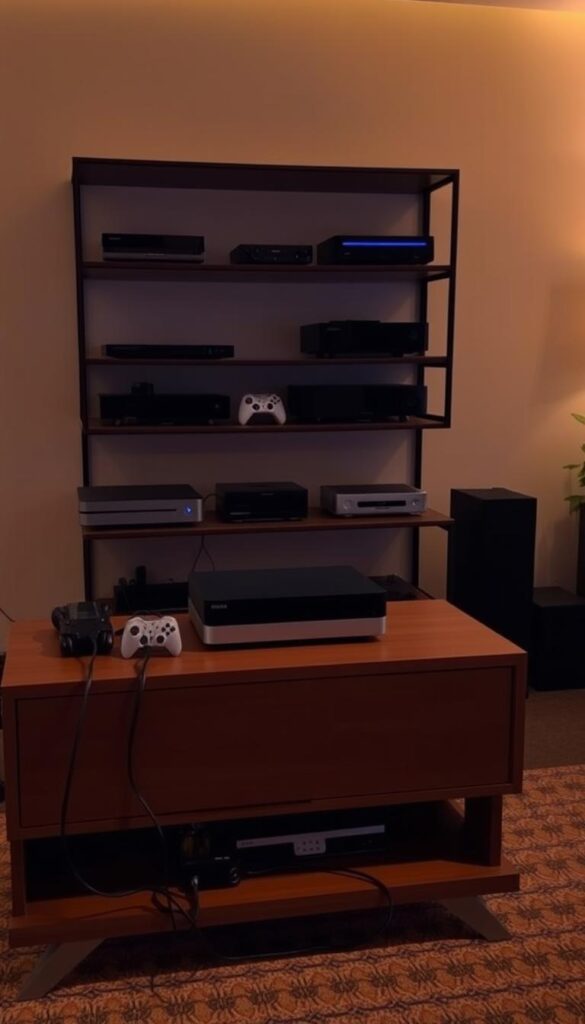 A dimly lit home entertainment setup with a sleek, modern IPTVANBIETERTV media center prominently displayed on a wooden TV stand. The device is surrounded by various cables and peripherals, conveying a sense of a professional yet accessible installation. The room is illuminated by soft, warm lighting, creating a cozy, inviting atmosphere. In the background, a minimalist wall-mounted shelving unit holds various streaming devices and gaming consoles, suggesting a comprehensive home media setup. The overall scene exudes a sense of technological sophistication and seamless integration, reflecting the ease of IPTVANBIETERTV installation and the high-quality viewing experience it provides.
