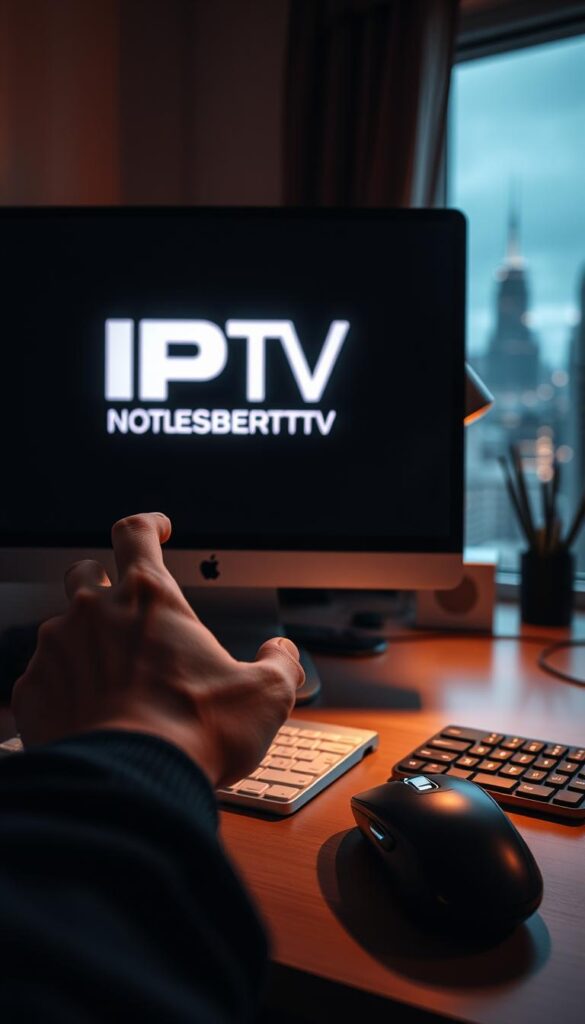 A dimly lit home office workspace, with a desktop computer and a stylish IPTVANBIETERTV logo prominently displayed on the monitor. The user's hand is reaching towards the mouse, conveying a sense of exploration and curiosity about the IPTV streaming process. Soft, warm lighting creates a cozy atmosphere, while the background features a blurred cityscape, suggesting the connection to the wider world of digital entertainment. The overall scene evokes a sense of discovery and the seamless integration of technology into everyday life.