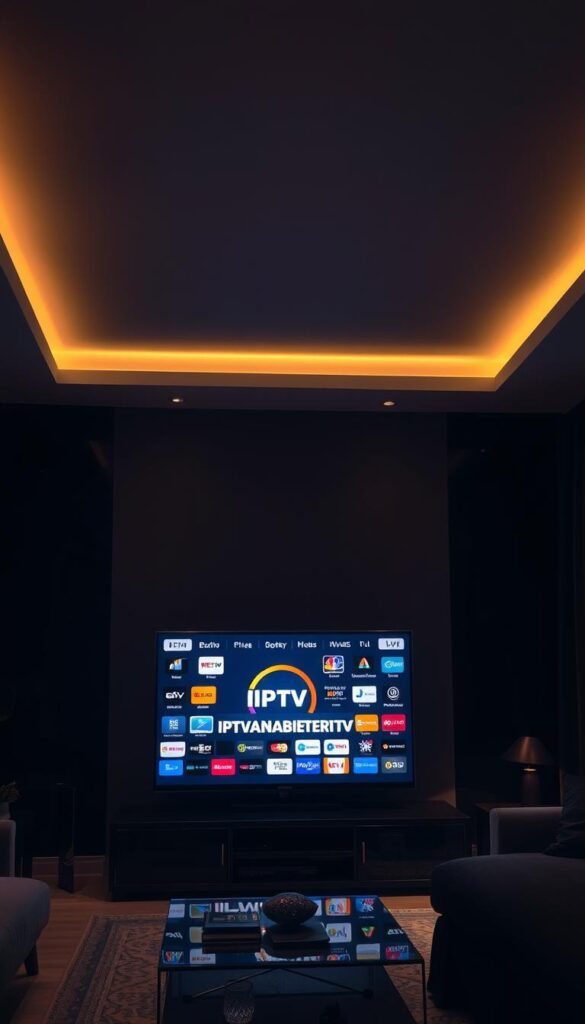 A dimly lit interior of a modern living room, featuring a sleek, high-end entertainment system with a large flat-screen TV. The TV displays the IPTVANBIETERTV logo, showcasing a diverse range of international channels and programming. Soft, warm lighting illuminates the room, creating a cozy and inviting atmosphere. The scene conveys a sense of legal and responsible IPTV consumption, with attention to detail and quality. The room is stylishly furnished, hinting at the sophisticated nature of the IPTV service. The overall impression is one of a premium, reliable, and visually appealing IPTV provider catering to a discerning audience seeking access to international content.
