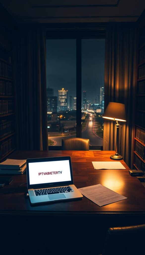 A dimly lit legal office, bookshelves lining the walls, a large wooden desk in the center. On the desk, a laptop displaying the IPTVANBIETERTV logo, surrounded by legal documents and a stylish desk lamp. Through the window, a cityscape at night, streetlights casting a warm glow. The mood is somber, contemplative, with a focus on the legal considerations of IPTV services. The lighting is moody, with shadows and highlights accentuating the textures of the room. The camera angle is slightly low, giving a sense of authority and gravitas to the scene.