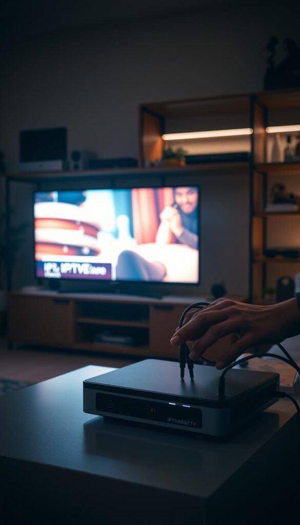 A dimly lit living room, the glow of a television screen casting a warm hue across the scene. In the foreground, a modern IPTVANBIETERTV set-top box sits atop a sleek media console, its buttons and ports clearly visible. The middle ground showcases a person's hands deftly connecting cables and configuring the device, their focus and concentration evident. In the background, shelves filled with various electronic devices and media accessories suggest a tech-savvy environment. Soft, diffused lighting creates a cozy atmosphere, and the overall composition conveys the process of setting up and installing an IPTV service with care and attention to detail.