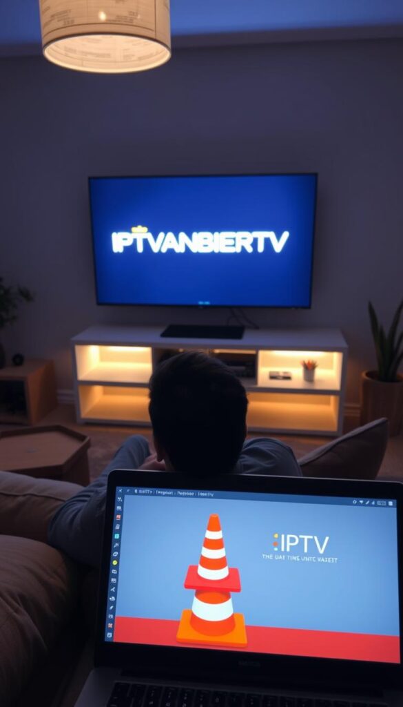 A dimly lit living room, the glow of a television screen illuminating the space. On the screen, the IPTVANBIETERTV logo stands out, signifying the IPTV service being used. In the foreground, a person sits comfortably on a plush sofa, a VLC media player open on their laptop, ready to stream content. The room is cozy, with warm lighting and a sense of relaxation. The camera angle is slightly elevated, capturing the scene from an overhead perspective, creating a sense of intimacy and immersion. The overall atmosphere conveys the ease and convenience of IPTV streaming through VLC, inviting the viewer to imagine themselves in this serene, technology-enabled environment.