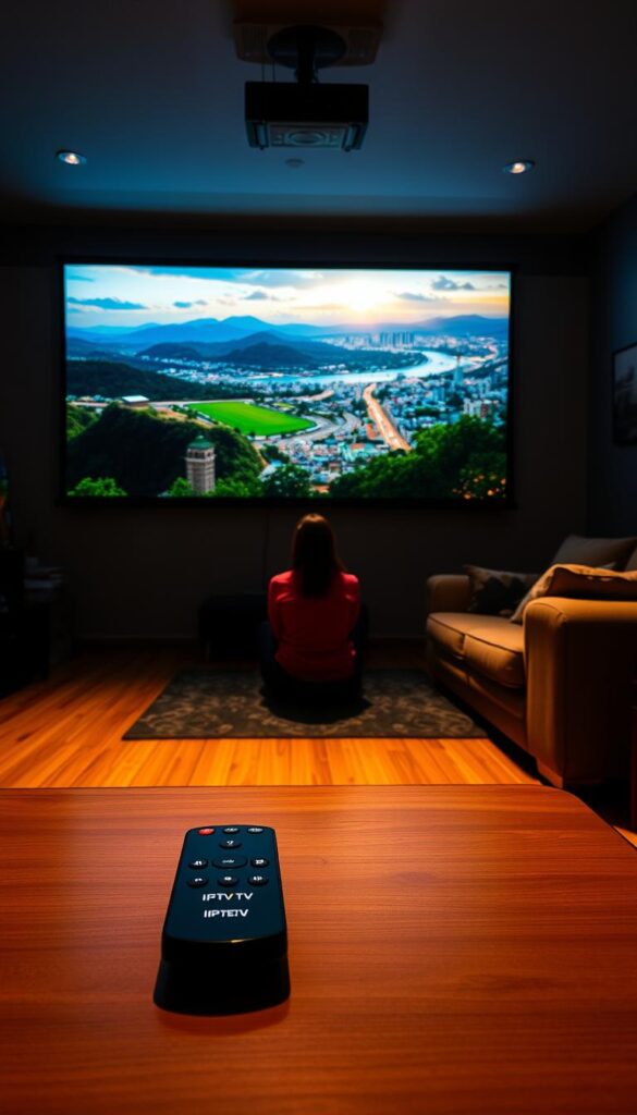 A dimly lit living room, warm lighting from a flatscreen TV casts a glow on the hardwood floors. On the coffee table, a sleek black remote with the IPTVANBIETERTV logo. Overhead, a ceiling-mounted projector beams a vibrant, high-definition image onto the far wall, depicting lush natural landscapes, bustling cityscapes, and live sporting events. The viewer sits comfortably on a plush couch, immersed in the captivating IPTV content, the room's atmosphere enhancing the cinematic experience. Soft shadows and subtle lens flares add depth and realism to the scene, showcasing the power and versatility of IPTV streaming.