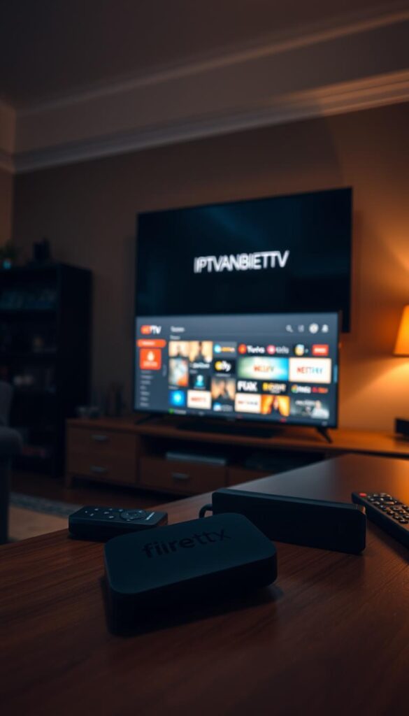 A dimly lit living room with a cozy atmosphere. A Fire TV Stick is prominently displayed on a wooden TV stand, surrounded by remote controls and other streaming devices. The Fire TV Stick's interface is visible, showcasing the "IPTVANBIETERTV" logo and a selection of IPTV channels. The room is illuminated by warm, soft lighting, creating a relaxed and inviting ambiance. The scene conveys the ease of setting up and accessing a wide range of IPTV content on the Fire TV Stick.