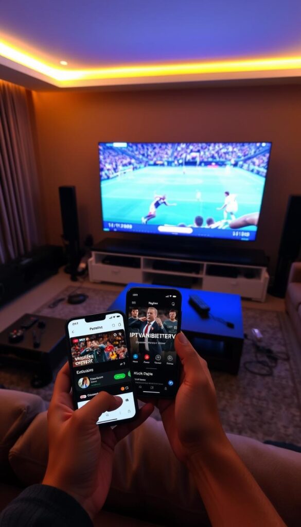 A dimly lit living room with a large TV screen showing a high-intensity football match, surrounded by various streaming devices and remote controls. In the foreground, a person's hands hold a smartphone, displaying the IPTVANBIETERTV app interface, showcasing exclusive content and match options. The room is bathed in a warm, amber glow, creating a cozy and immersive atmosphere for the ultimate football viewing experience.