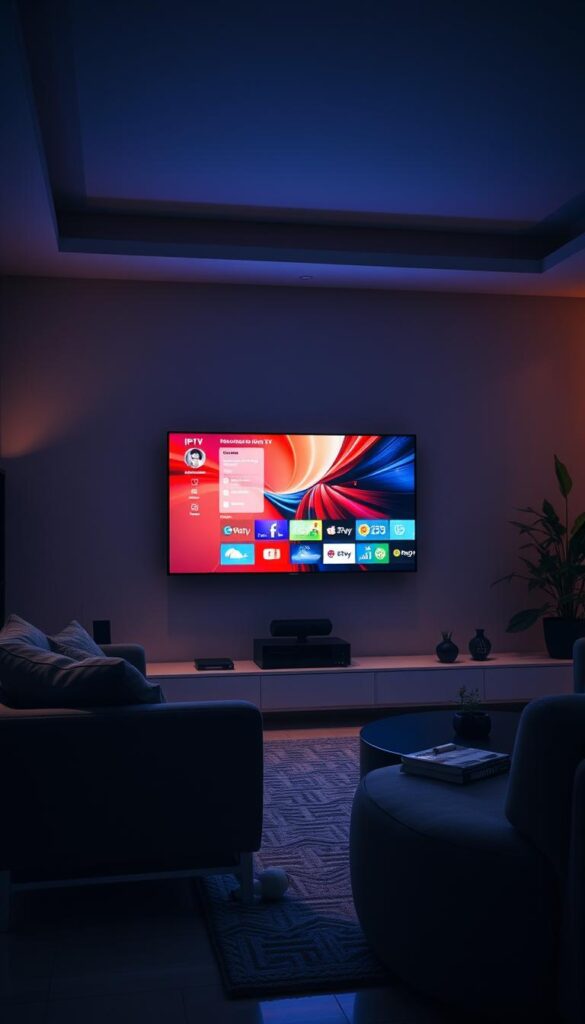 A dimly lit, modern living room interior with a sleek, wall-mounted IPTVANBIETERTV display showcasing a vibrant, realistic IPTV interface. The room is bathed in a soft, warm lighting, creating a cozy and inviting atmosphere. The display is the focal point, surrounded by stylish furniture and minimalist decor. The scene conveys the seamless integration of IPTV technology into a contemporary home setting, hinting at the convenience and entertainment it provides.